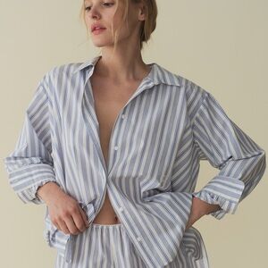 Doen Hava Cotton Silk Button Down Up Collar Shirt Top Indigo Sorrento Stripe